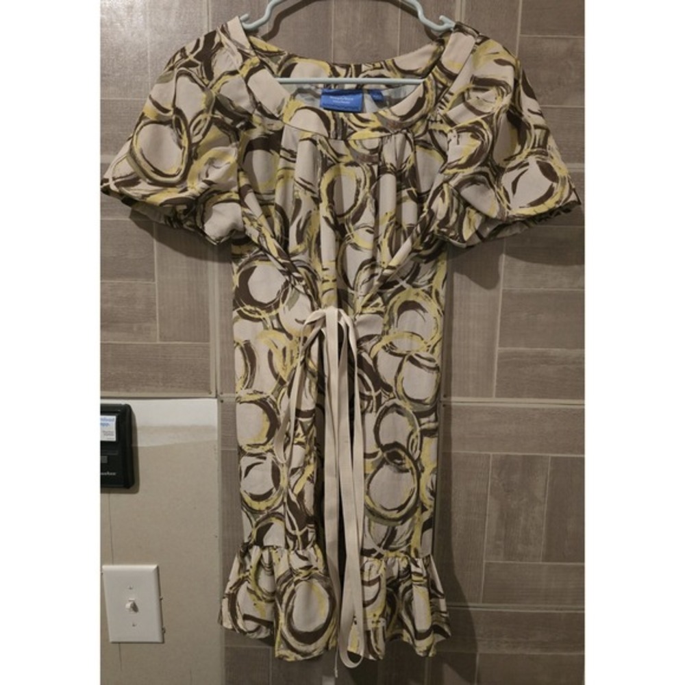 Simply Vera‎ Wang Dress Womens Small Print Short Sleeve Tie Front Brown Yellow